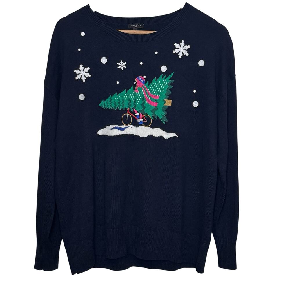 Talbots Plus 1X Navy Blue Festive Christmas Tree Bicycle Crew Neck Sweater